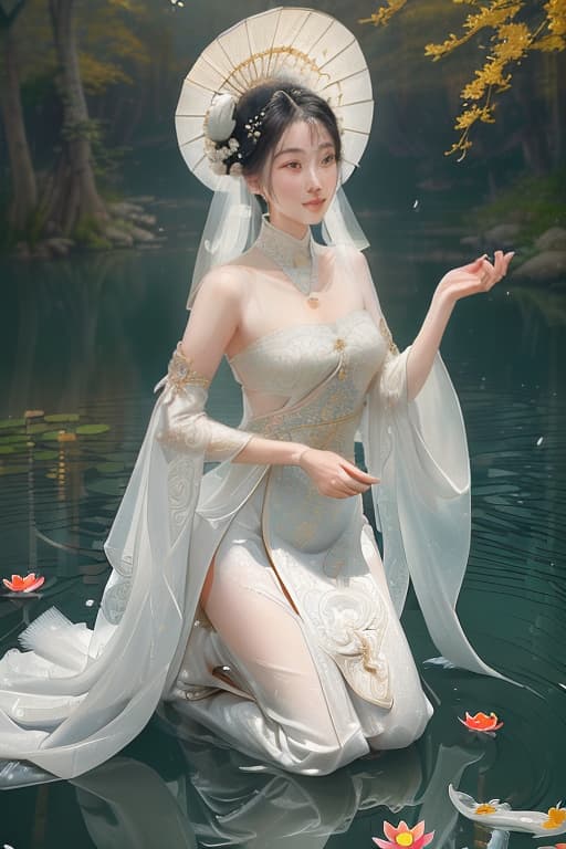  (masterpiece), (extremely intricate:1.52), (realistic), (Extremely High Difficulty: She wore a gorgeous white rice paper dress with streamers at the hem and was dressed in a pendant bun and was umber and umber the waters of Lotus Lake. The water is clear and bright. Koi fish feet, soaking , kneeling in the clear water. In the painting, she is a beautiful goddess of wind in Tang Dynasty. Her head was covered with a rice paper scarf inlaid with white pearls. The light shone on her wind veil, her snow white . Film lighting, octave rendering, Unreal Engine, DTX roll, (film grain), 8K realism, film lighting, high definition, high detail, Art Station Trends, high quality shooting, film stilts, beautiful yo hyperrealistic, full body, detailed clothing, highly detailed, cinematic lighting, stunningly beautiful, intricate, sharp focus, f/1. 8, 85mm, (centered image composition), (professionally color graded), ((bright soft diffused light)), volumetric fog, trending on instagram, trending on tumblr, HDR 4K, 8K