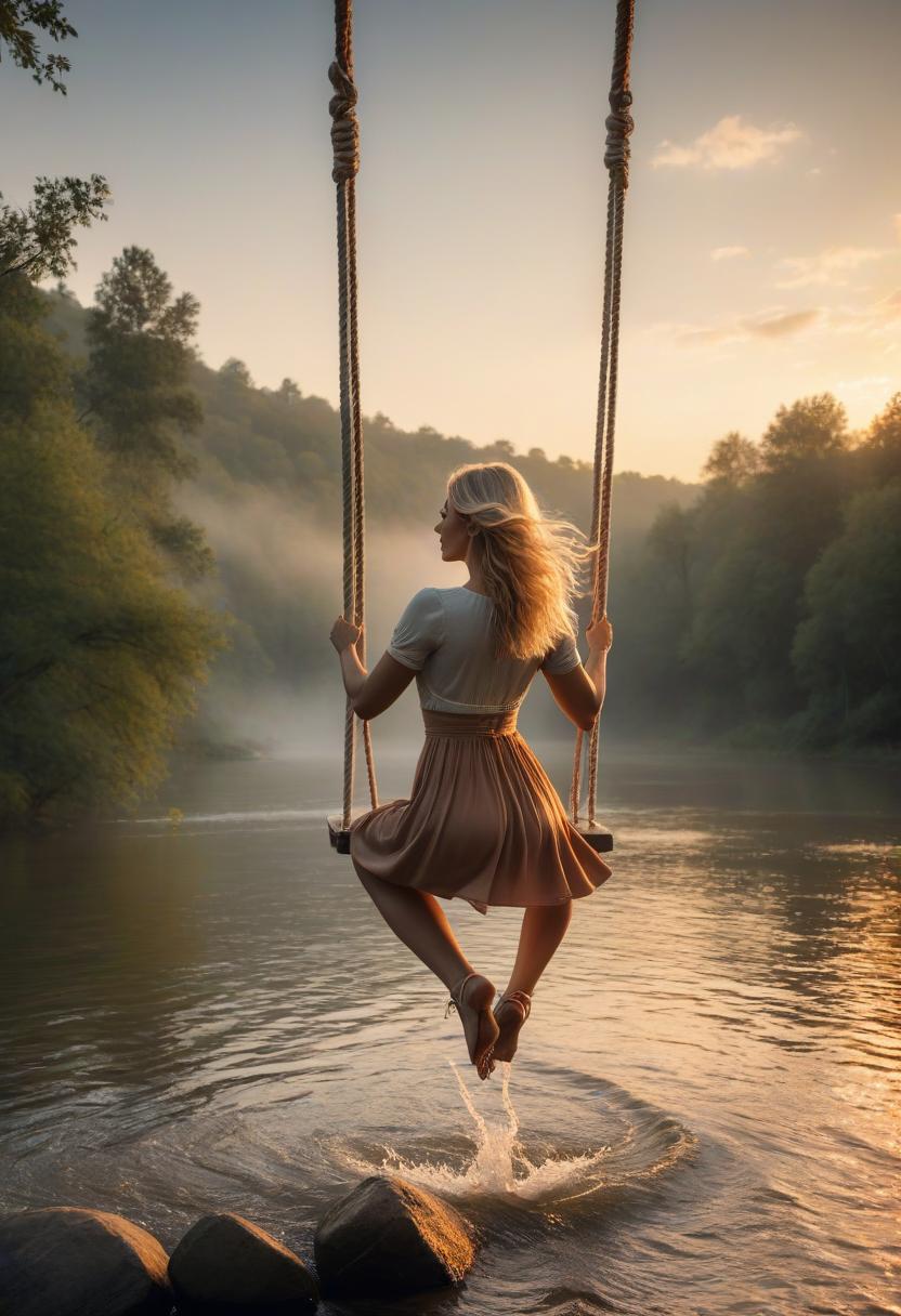  A girl is swinging on swings on long ropes over a river at dusk. She twirls, the girl has light hair, she is turned with her back. hyperrealistic, full body, detailed clothing, highly detailed, cinematic lighting, stunningly beautiful, intricate, sharp focus, f/1. 8, 85mm, (centered image composition), (professionally color graded), ((bright soft diffused light)), volumetric fog, trending on instagram, trending on tumblr, HDR 4K, 8K