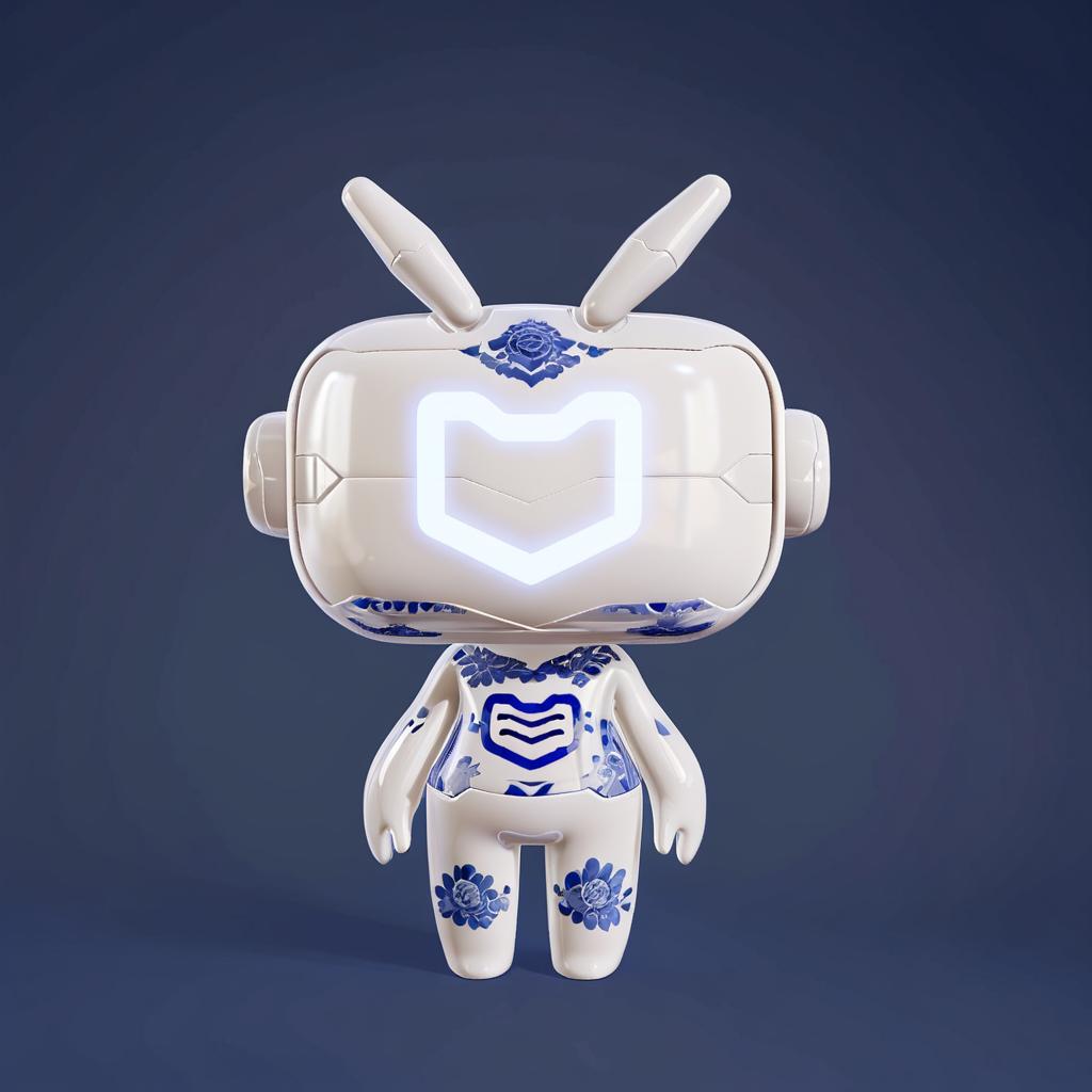  anxiaozhi, "An Xiao Zhi", cute white robot with mask fully enveloped in a continuous and dense blue and white porcelain floral design, with the elegant and intricate Chinese style motif covering every inch of its shell, , standing pose, front view,