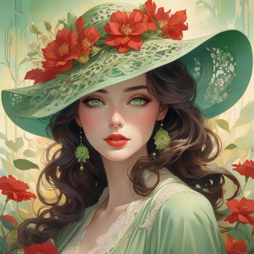  concept art A digital artwork of a woman with green eyes, wavy hair, wearing a broad brimmed hat adorned with a flower, set against a colorful backdrop. Art deco masterpiece by legendary artists that include vlop, Victo Ngai, Annigoni, Milo Manara, Botticelli, Catrin Welz Stein, Jean Metzinger, Gustav Klimt, image of a young woman with a fair complexion and soft facial features. She has charming almond shaped hazel eyes and full lips that add to her serene expression. Her wavy, dark brown hair falls gracefully under a wide brimmed, light green hat decorated with intricate lace patterns and a delicate red flower. The background merges with her form in a dreamy watercolor blend of green, red and hints of yellow, suggesting a mix of floral and hyperrealistic, full body, detailed clothing, highly detailed, cinematic lighting, stunningly beautiful, intricate, sharp focus, f/1. 8, 85mm, (centered image composition), (professionally color graded), ((bright soft diffused light)), volumetric fog, trending on instagram, trending on tumblr, HDR 4K, 8K