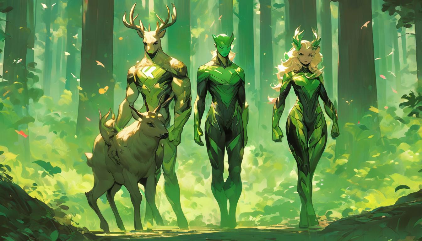  hyperrealism,fantasy aesthetic1man1woman, large busted attractive blonde arian female humanoid and handsome male humanoid, lush green forest, deer and birds, serene and harmonious, high tech clothing clad in sleek, futuristic costume with metallic accents and form fitting designs, marvel superhero comics style, unreal engine rendering