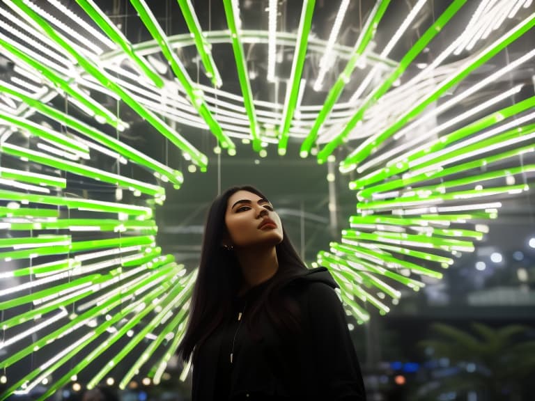  (dark shot:1.4), 80mm, The girl in the center stands and looks at the green arrows that are aimed at her, soft light, sharp, exposure blend, medium shot, bokeh, (hdr:1.4), high contrast, (cinematic, teal and orange:0.85), (muted colors, dim colors, soothing tones:1.3), low saturation, (hyperdetailed:1.2), (noir:0.4) hyperrealistic, full body, detailed clothing, highly detailed, cinematic lighting, stunningly beautiful, intricate, sharp focus, f/1. 8, 85mm, (centered image composition), (professionally color graded), ((bright soft diffused light)), volumetric fog, trending on instagram, trending on tumblr, HDR 4K, 8K