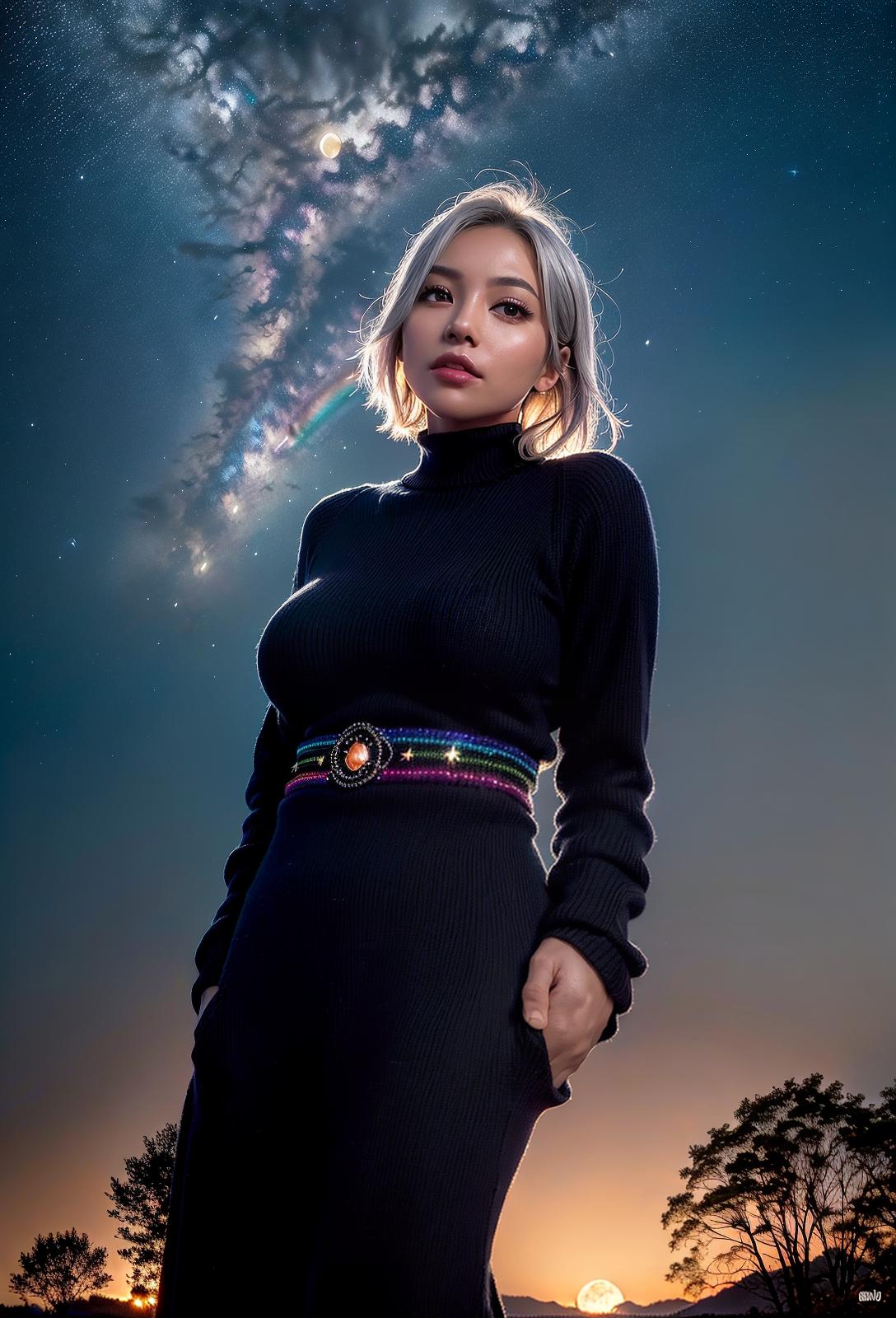  High quality, 4K, high resolution, realistic, night sky, beautiful women, full time smiles, big eyes, plump breasts, constricted waist, outstanding style, narrow ankles, wide landscape photos, short hair, light silver color Hair, (seen from below, the sky is above, and the open field is below), a beautiful woman standing up in the flower garden, (full moon: 1.2), (meteor: 0.9), (star cloud: 1.3) , Northern mountains, trees destroy art, (warm light: 1.2), (fireflies: 1.2), light, purple and orange, complex details, volumetric lighting break (masterpiece: 1.2), (maximum quality) , 4K, super detail, (dynamic configuration: 1.4), rich colors, (rainbow color: 1.2), (shine, lighting with atmosphere), dreamy, light silver hair, stars, many stars,