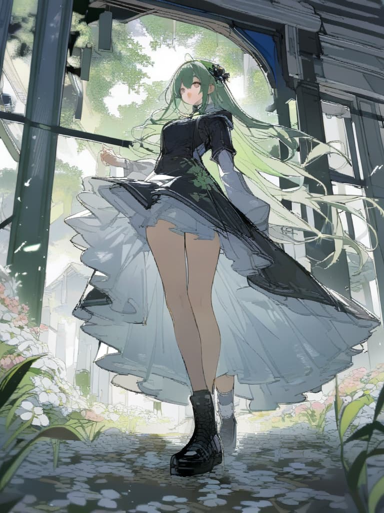  absurdres,ultra detail,1girl,medium long hair,blunt bangs,light smile,(oversized hooded jacket:1.1),(pale pink:1.1) layered long skirt,(looking up:1.2) starry sky,BREAK (simple line frame:1.6),(from below:1.2),(pale green toned:1.4),(simple black background:1.2)BREAK (meteor shower:1.3),(bamboo leafs:1.3),(flower garden:1.2),BREAK nice hands,perfect hands,<lyco:GoodHands beta2:1.0>,<lora:flat2: 0.5>, masterpiece, best quality,8k,ultra detailed,high resolution,an extremely delicate and beautiful,hyper detail