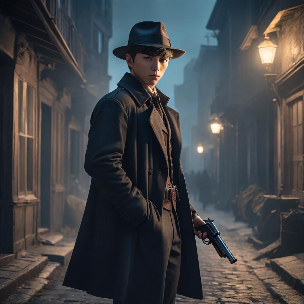  A boy in dark, long coat. He's standing sideways. He has a hat. In his right hand he holds a revolver, while his pose is confident and ready for action. The boy has short hair. hyperrealistic, full body, detailed clothing, highly detailed, cinematic lighting, stunningly beautiful, intricate, sharp focus, f/1. 8, 85mm, (centered image composition), (professionally color graded), ((bright soft diffused light)), volumetric fog, trending on instagram, trending on tumblr, HDR 4K, 8K