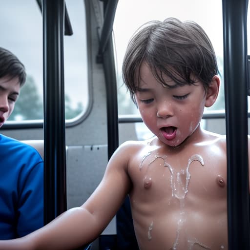  a very sweaty very young boy, caught on a public bus, is discovered by the viewer. The young 's face is rendered in exquisite detail, a look of and arousal as he realizes he's been caught the boy on the bus seat lets out a stream of warm, viscous liquid shooting out from his huge engorged erect tip coating his and splattering onto the floor of the bus, the pinnacle of his is his sweaty features, high-angle shot, dramatic angle, extreme angle shot, photo-realistic, volumetric fog, 85mm lens, HDR, cinematic