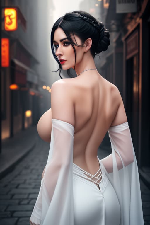  ultra realistic back portrait ((beautiful pale medieval sexiest lady with heavy black eyeliner)), stunning body, staring viewer, blue eyes, shaved side long wavy haircut, huge boobs, deep cleavage, hyper detail, cinematic lighting, magic neon, dark red medieval city, Canon EOS R3, nikon, f/1.4, ISO 200, 1/160s, 8K, RAW, unedited, symmetrical balance, in frame, 8K hyperrealistic, full body, detailed clothing, highly detailed, cinematic lighting, stunningly beautiful, intricate, sharp focus, f/1. 8, 85mm, (centered image composition), (professionally color graded), ((bright soft diffused light)), volumetric fog, trending on instagram, trending on tumblr, HDR 4K, 8K