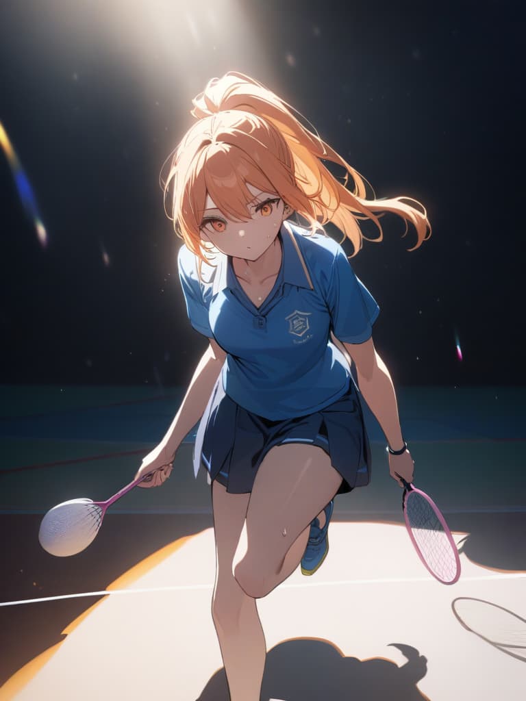  ((Badminton,playing badminton,ponytail,orange hair,orange eyes,sweating,pink racket,blue uniform)),hardworking,cute,pretty girl,beautiful,ultra detailed,best shadow,cute and beautiful face,(masterpiece:1.2),(best quality:1.2),detailed background,high contrast,(best illumination,an extremely delicate and beautiful),((cinematic light)),hyper detail,dramatic light,intricate details,8k,anime,very aesthetic, masterpiece, best quality,8k,ultra detailed,high resolution,an extremely delicate and beautiful,hyper detail