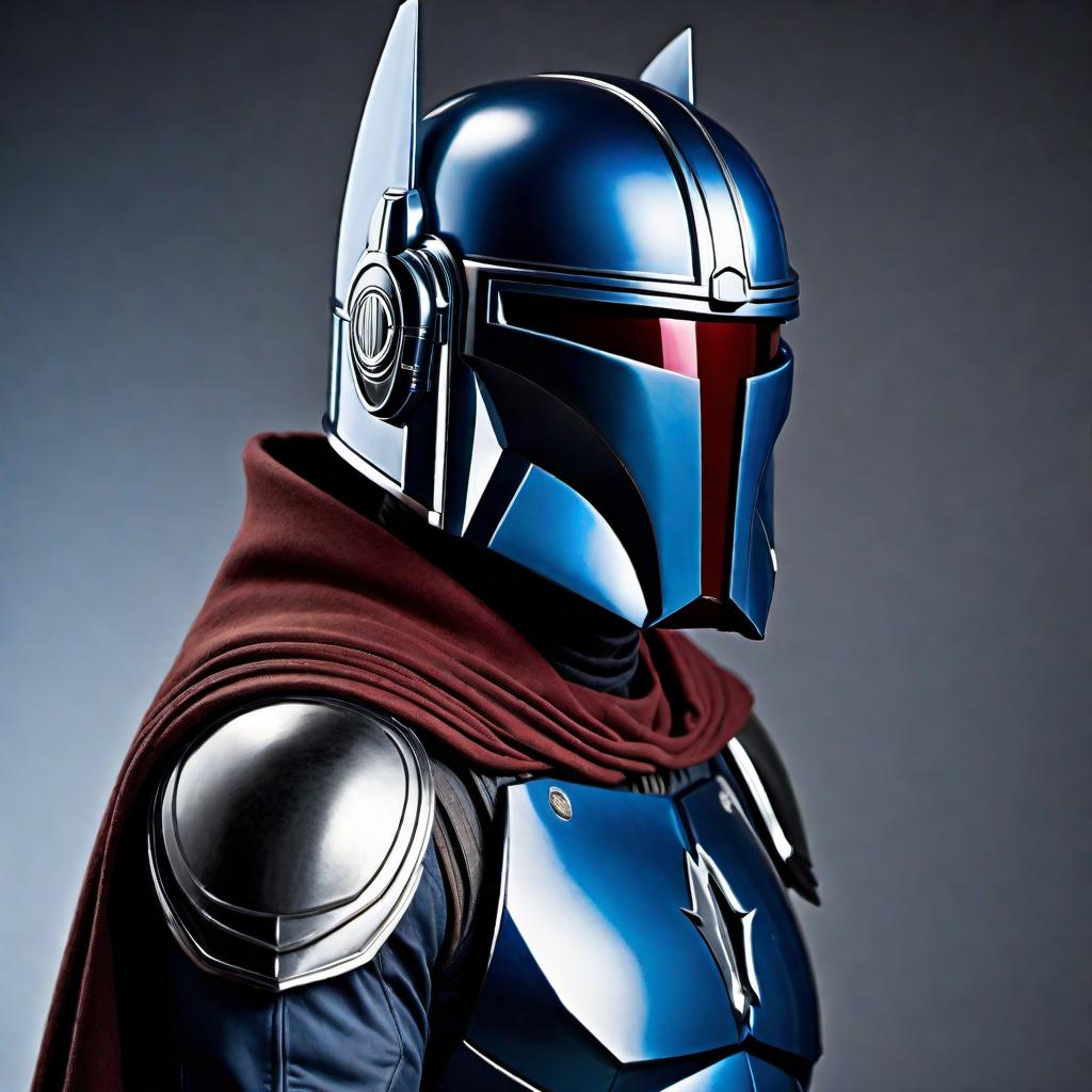  A combination of Mandalorian armor in matte blue with chrome trim, fused with a Batman style suit. The armor should be sleek and futuristic, featuring the Mandalorian helmet with a Batman cowl-like modification. The visor is red, and there is a cape billowing behind. The design should reflect a seamless blend of both iconic characters, with the matte blue and chrome trim contrasting strikingly. hyperrealistic, full body, detailed clothing, highly detailed, cinematic lighting, stunningly beautiful, intricate, sharp focus, f/1. 8, 85mm, (centered image composition), (professionally color graded), ((bright soft diffused light)), volumetric fog, trending on instagram, trending on tumblr, HDR 4K, 8K