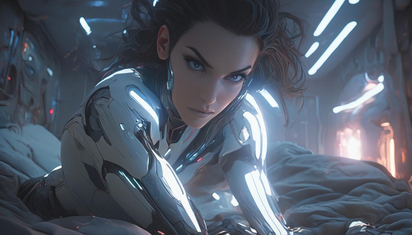  hyperrealism,fantasy aesthetic1woman, large busted attractive brunette arian female humanoid, waking up in a futuristic bedroom, soft morning light, sense of purpose, high tech clothing clad in sleek, futuristic costume with metallic accents and form fitting designs, marvel superhero comics style, unreal engine rendering