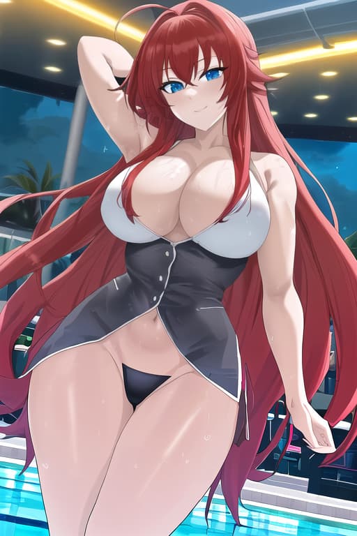  wide hips, ,tight waist,big ,big hips, smile,,,masterpiece, best quality, 1women, long red hair, looking at viewer, :3, cute, black uniform, outdoors, streets, cowboy shot, curvy, (((blue eyes))), rias gremory, red hair, antenna hair, wavy hair, ((beautiful detailed eyes, beautiful detailed glow, lots of glow)), anime screencap,women at pool, compeion , black , masterpiece, best quality, high quality, solo