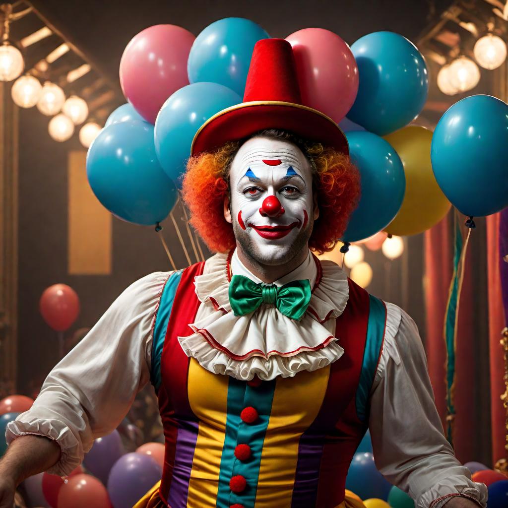  Seth Rogen dressed as a clown. He should be wearing a colorful and fun clown outfit, complete with a red nose, big shoes, and a joyful expression on his face. The background should be a circus setting with bright and cheerful colors. hyperrealistic, full body, detailed clothing, highly detailed, cinematic lighting, stunningly beautiful, intricate, sharp focus, f/1. 8, 85mm, (centered image composition), (professionally color graded), ((bright soft diffused light)), volumetric fog, trending on instagram, trending on tumblr, HDR 4K, 8K