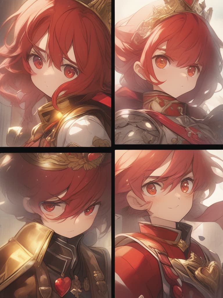  ((Male: 1.2)) ((Red hair,berry short hair,gray eyes,hanging eyes,big eyes,grumpy face: 1.1)) (Golden crown,white and red military uniform,heart wand,playing cards,red and white roses),masterpiece,the highest quality,8K,, masterpiece, best quality,8k,ultra detailed,high resolution,an extremely delicate and beautiful,hyper detail