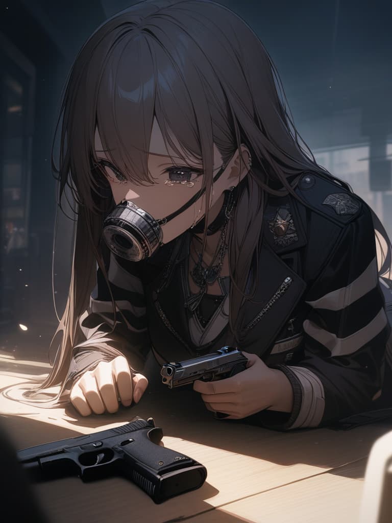  Pistols, muzzle toward opponents, crying, police officers, polys, guns, crying, smiling, shooting, emo, shooting with long hair, handguns, masterpiece, best quality,8k,ultra detailed,high resolution,an extremely delicate and beautiful,hyper detail