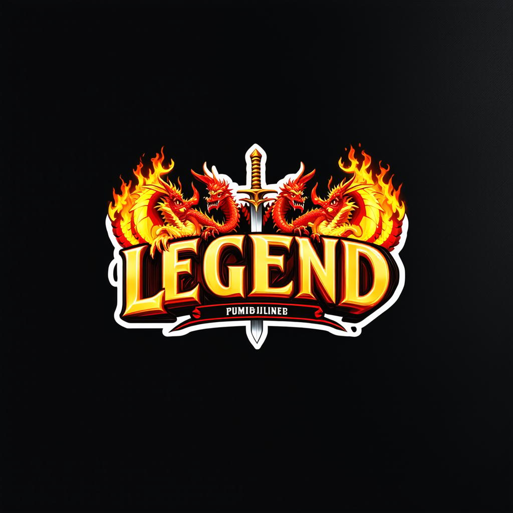  Logo, Custom sticker design on an isolated black background with the words ‘Legend’ in bold font decorated by mythical dragons and a flaming sword