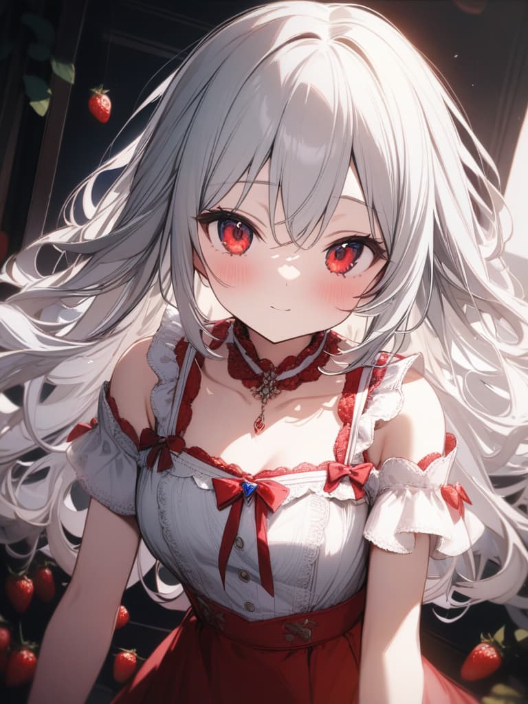  Cute, young face, red eyes, white hair, strawberries, strawberries, half twin, fluffy hair, white and strawberry dresses, frills, masterpiece, best quality,8k,ultra detailed,high resolution,an extremely delicate and beautiful,hyper detail