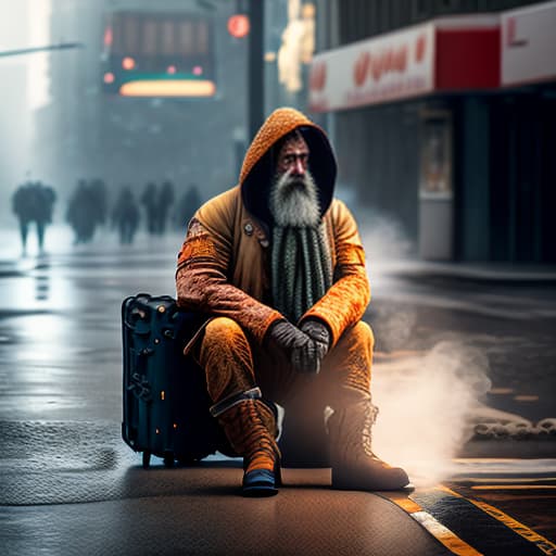 estilovintedois photo about homeless Cinematic Quality hyperrealistic, full body, detailed clothing, highly detailed, cinematic lighting, stunningly beautiful, intricate, sharp focus, f/1. 8, 85mm, (centered image composition), (professionally color graded), ((bright soft diffused light)), volumetric fog, trending on instagram, trending on tumblr, HDR 4K, 8K