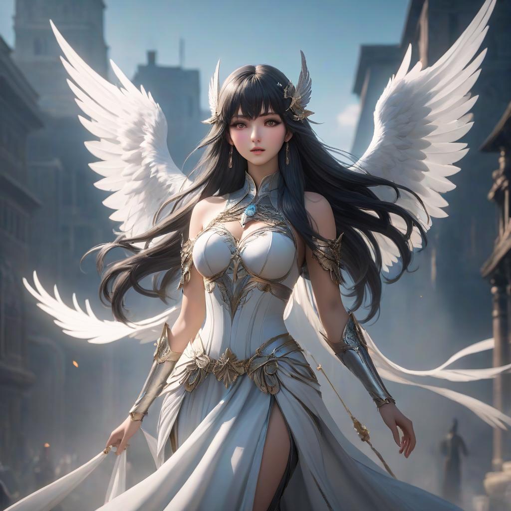  The goddess of wind and freedom. Dark long hair with bangs, white wings, gray eyes, slim body hyperrealistic, full body, detailed clothing, highly detailed, cinematic lighting, stunningly beautiful, intricate, sharp focus, f/1. 8, 85mm, (centered image composition), (professionally color graded), ((bright soft diffused light)), volumetric fog, trending on instagram, trending on tumblr, HDR 4K, 8K