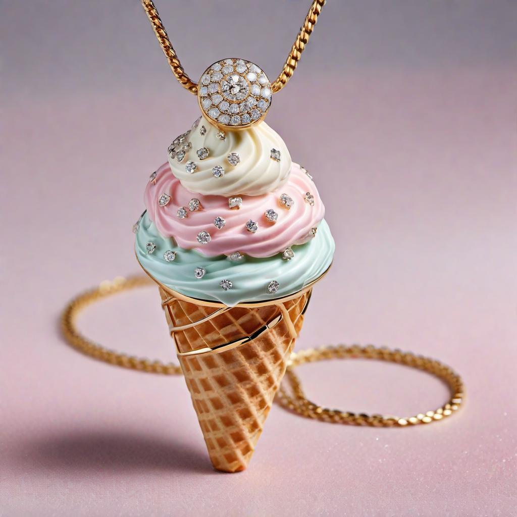  A diamond-encrusted ice cream cone pendant. The pendant should have an intricately designed cone studded with sparkling diamonds. The ice cream part should look like a swirl of ice cream, also covered in diamonds, giving it a luxurious and elegant appearance. The entire pendant should have a shiny and polished finish, reflecting light brilliantly. hyperrealistic, full body, detailed clothing, highly detailed, cinematic lighting, stunningly beautiful, intricate, sharp focus, f/1. 8, 85mm, (centered image composition), (professionally color graded), ((bright soft diffused light)), volumetric fog, trending on instagram, trending on tumblr, HDR 4K, 8K