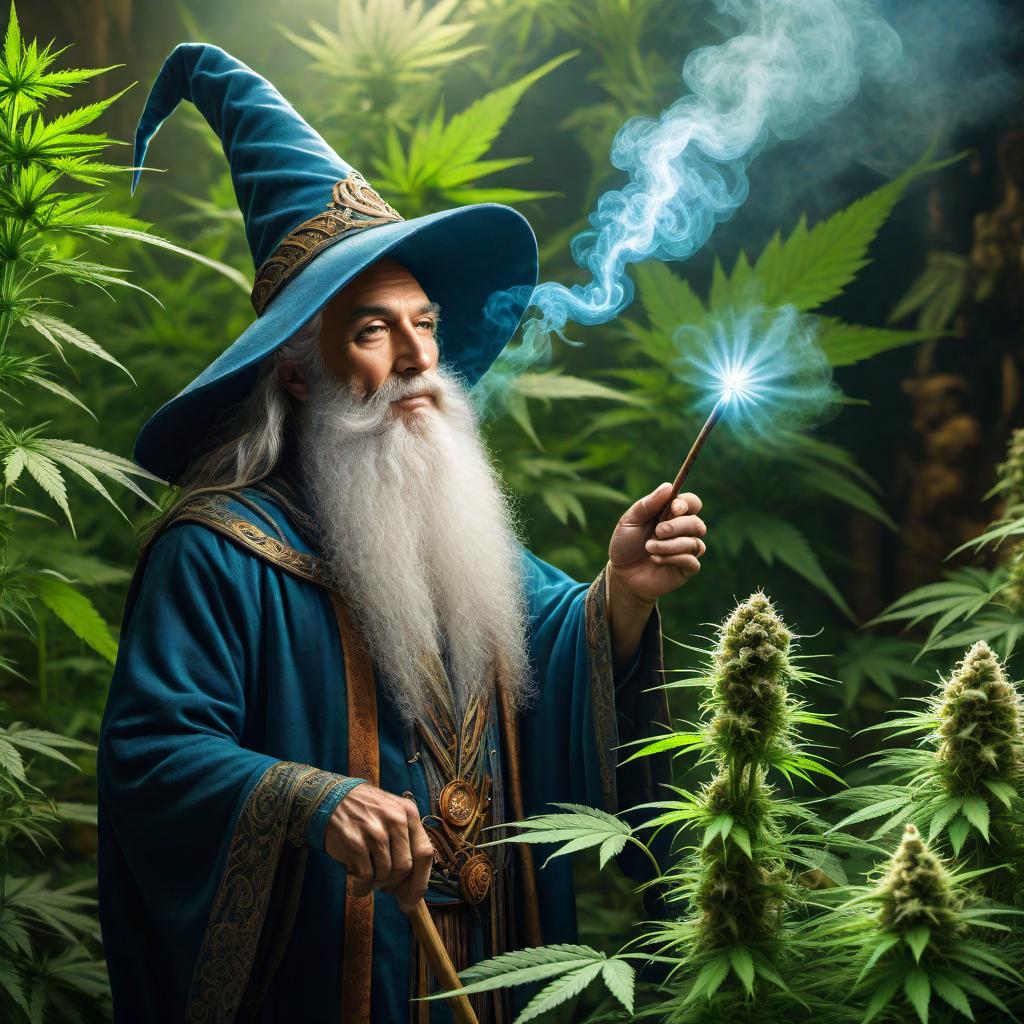  A wizard swirling his wand around a growing cannabis plant, with nutrients circling the plant in a magical vortex. The scene is vibrant and mystical, with colorful magical elements surrounding the plant. hyperrealistic, full body, detailed clothing, highly detailed, cinematic lighting, stunningly beautiful, intricate, sharp focus, f/1. 8, 85mm, (centered image composition), (professionally color graded), ((bright soft diffused light)), volumetric fog, trending on instagram, trending on tumblr, HDR 4K, 8K