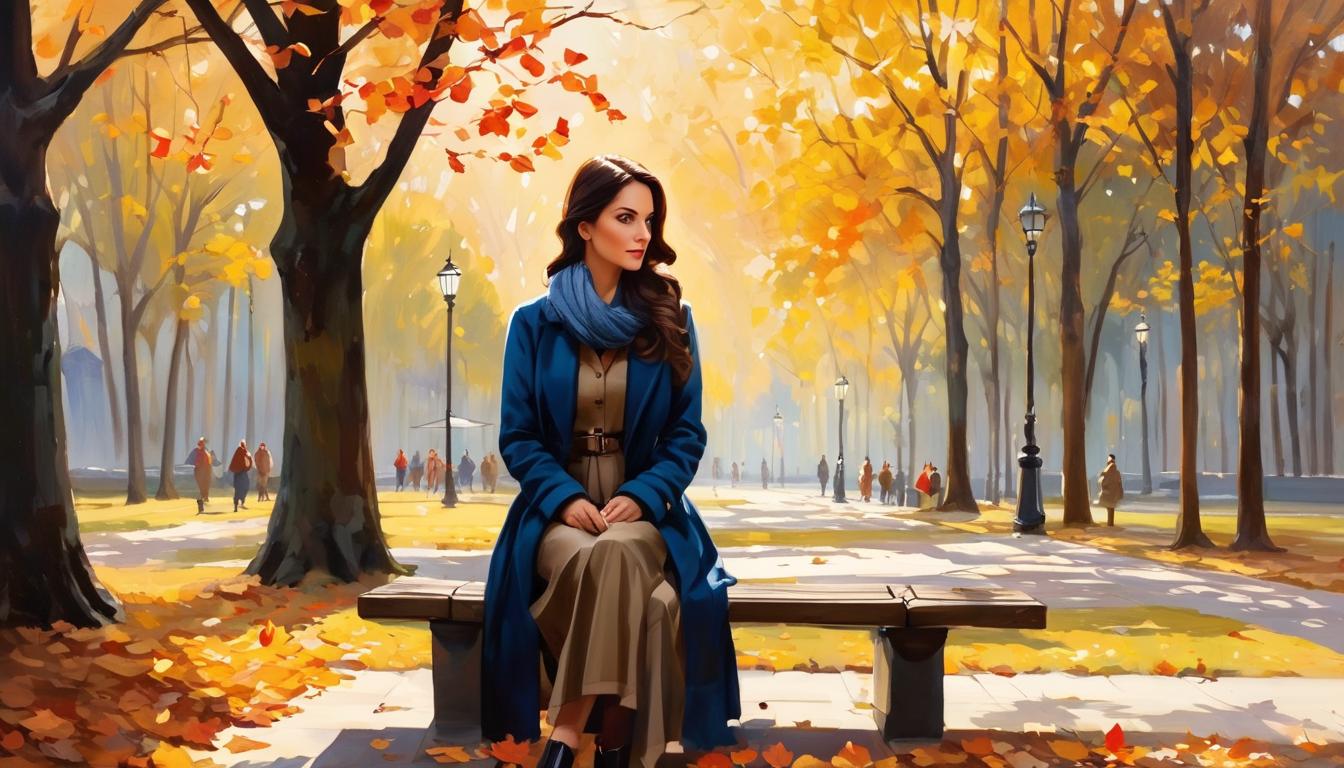  oil paintingAttractive woman in a park, during autumn, sitting on a bench, dressed in cozy, layered clothing, holding a cup of tea, her expression distant but peaceful, fallen leaves around, golden afternoon light.(energetic brushwork, bold vibrant colors, expressive, emotional,bold brush, oil stroke, raw, emotional, dynamic, distortion for emotional effect, detailed,beautiful, loose brushwork, light and shadow play, captures feeling over form, balanced color