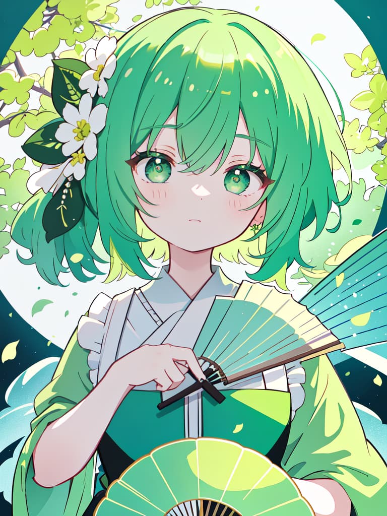  Green hair character on a fan, masterpiece, best quality,8k,ultra detailed,high resolution,an extremely delicate and beautiful,hyper detail