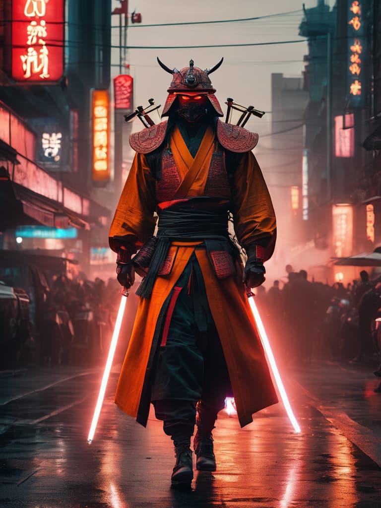  glowneon, glowing samurai emitting sparks and electricity, dark red and orange, glowing eyes, cinematic film still <lora:glowneon xl v1:1> <lora:add detail xl:0.8> hyperrealistic, full body, detailed clothing, highly detailed, cinematic lighting, stunningly beautiful, intricate, sharp focus, f/1. 8, 85mm, (centered image composition), (professionally color graded), ((bright soft diffused light)), volumetric fog, trending on instagram, trending on tumblr, HDR 4K, 8K