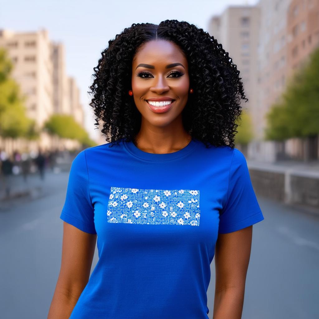  half body portrait black curly happy woman wearing blue t shirt with squared floral pattern on t shirt, Blurred city Background high quality, detailed intricate insanely detailed, flattering light, RAW photo, photography, photorealistic, ultra detailed, depth of field, 8k resolution , detailed background, f1.4, sharpened focus hyperrealistic, full body, detailed clothing, highly detailed, cinematic lighting, stunningly beautiful, intricate, sharp focus, f/1. 8, 85mm, (centered image composition), (professionally color graded), ((bright soft diffused light)), volumetric fog, trending on instagram, trending on tumblr, HDR 4K, 8K