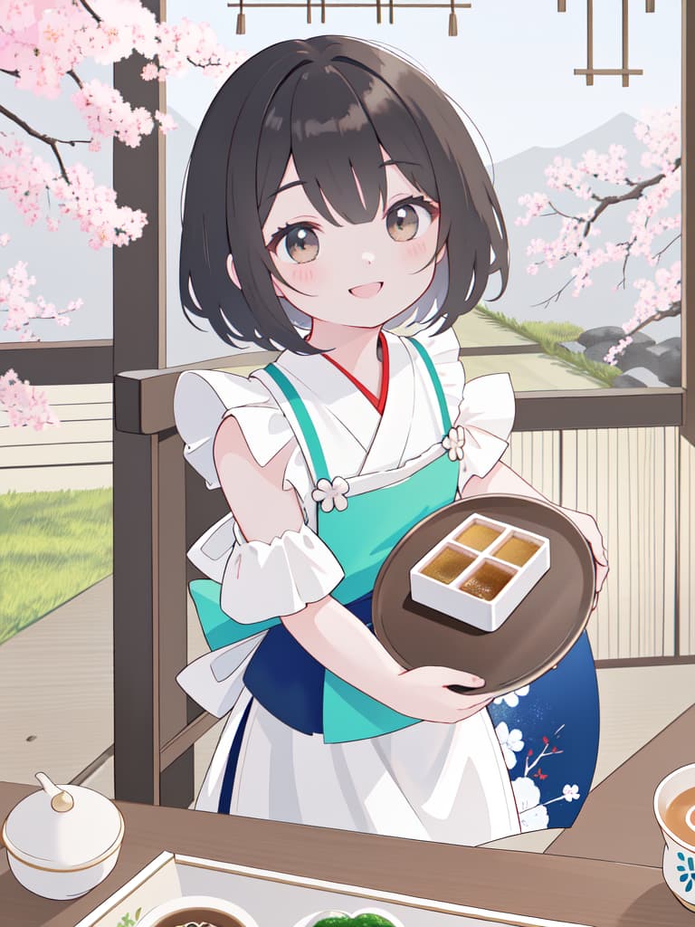  Japanese Painting Style, FRILL APRON, BARE SHOULDER, CARRY A TRAY, HAPPY SMILE, Japanese Cafe, Best Quality: 1.4, ULTRA DETALED EXTURE, Raw PhotOREALISTIC, Absurd Resolution, 8k Illustration, 💩, 💩, 💩, 💩, 💩, 💩,, masterpiece, best quality,8k,ultra detailed,high resolution,an extremely delicate and beautiful,hyper detail