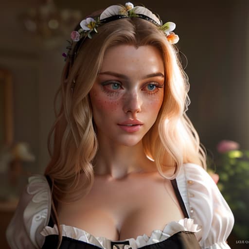  detailed and realistic portrait of a rapunzel maid with a few freckles, long blonde disheveled hairs, multicolor mesmerizing eyes, dark fluffy dress, soft natural lighting, portrait photography, magical photography, dramatic lighting, photo realism, ultra detailed, intimate portrait composition, flowers in background, Leica 50mm, f1. 4 hyperrealistic, full body, detailed clothing, highly detailed, cinematic lighting, stunningly beautiful, intricate, sharp focus, f/1. 8, 85mm, (centered image composition), (professionally color graded), ((bright soft diffused light)), volumetric fog, trending on instagram, trending on tumblr, HDR 4K, 8K