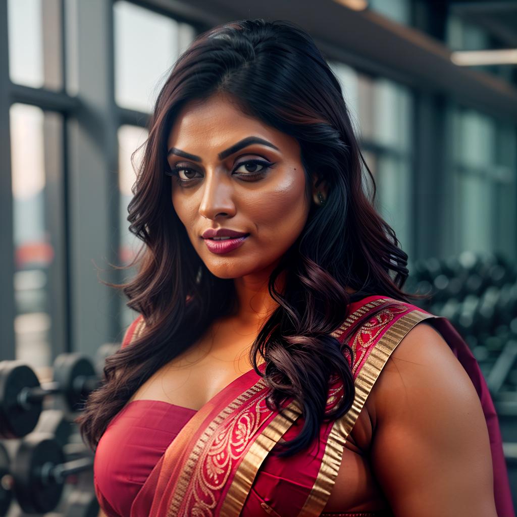  A Chubby Muscle Indian woman in saree pallu drapery at Gym, Workout,  Abs, Muscle, Phoebe Tonkin Face, portrait, hyperrealistic, full body, detailed clothing, highly detailed, cinematic lighting, stunningly beautiful, intricate, sharp focus, f/1. 8, 85mm, (centered image composition), (professionally color graded), ((bright soft diffused light)), volumetric fog, trending on instagram, trending on tumblr, HDR 4K, 8K