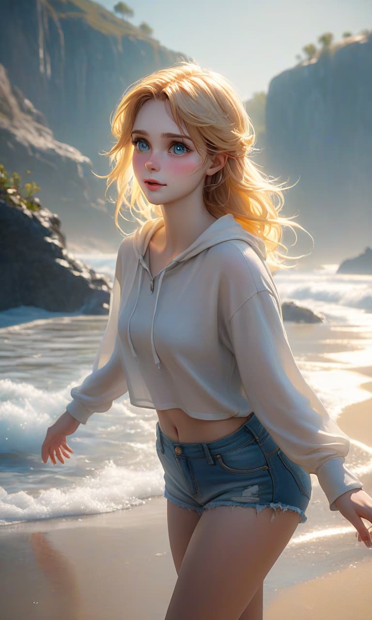  fairy tale photorealistic, on the beach, illuminated by sunlight, realistic, cinematic lighting, portrait, 3/4 view, 1 , pretty , detailed cute face, beautiful face, surprised expression, hair, disheveled tail, tears on cheek, detailed pale skin, sweat, (small teardrop shaped s), , a dropped top, tight swimming shorts, transparent fabric, looks up at the viewer, (overflows:0.6), (dripping), , (Thin body:1.2), HDR, 4k . magical, fantastical, enchanting, storybook style, highly detailed hyperrealistic, full body, detailed clothing, highly detailed, cinematic lighting, stunningly beautiful, intricate, sharp focus, f/1. 8, 85mm, (centered image composition), (professionally color graded), ((bright soft diffused light)), volumetric fog, trending on instagram, trending on tumblr, HDR 4K, 8K