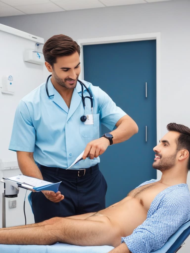  A doctor examines a fully clothed male standing for a medical check up.