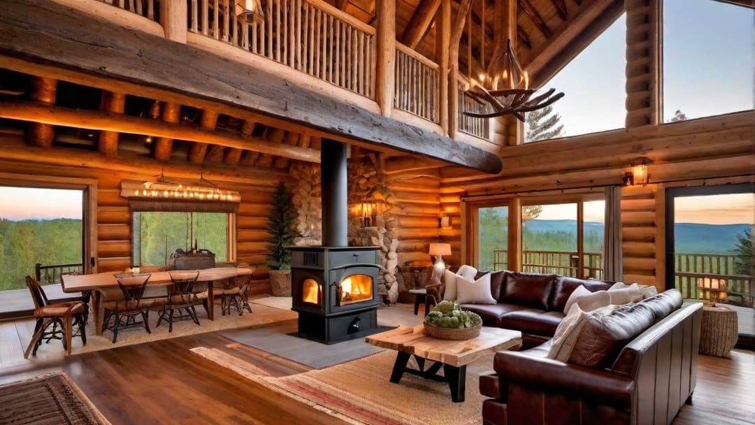  Wood burning stove in a cozy log cabin living room with rustic wooden beams, plush furniture, warm lighting, and natural decor elements