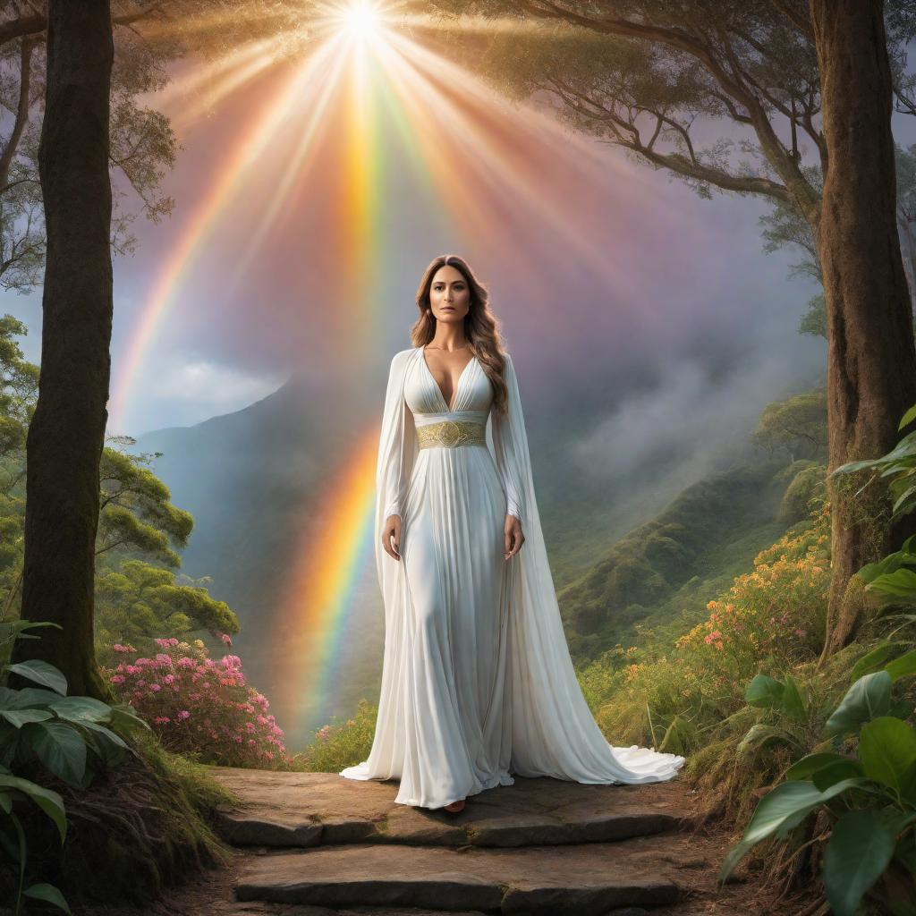  Book cover for 'The Divine Path of Desiree Celeste Lilley'. The cover features an image of a woman with an aura of divine light surrounding her, standing in a lush, spiritual environment with a rainbow. Title at the top: 'The Divine Path of Desiree Celeste Lilley'. Subtitle beneath the title: 'A Journey of Love, Sacrifice, and Awakening'. Author's name at the bottom. Soft, radiant colors and an elegant font to emphasize the holiness and grace embodied by Desiree and her journey. hyperrealistic, full body, detailed clothing, highly detailed, cinematic lighting, stunningly beautiful, intricate, sharp focus, f/1. 8, 85mm, (centered image composition), (professionally color graded), ((bright soft diffused light)), volumetric fog, trending on instagram, trending on tumblr, HDR 4K, 8K