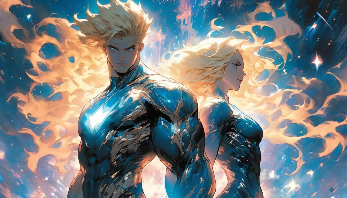  hyperrealism,fantasy aesthetic1man1woman, large busted attractive blonde arian female humanoid and handsome male humanoid, celestial energy emanating from them, starry sky backdrop, high tech clothing clad in sleek, futuristic costume with metallic accents and form fitting designs, marvel superhero comics style, unreal engine rendering