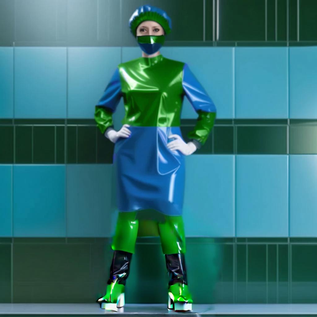  Legs peek out from under the surgeon's gown, wearing surgical pants, the length of which reaches the ankle, made of glossy PVC, dark green in color, the pants are stuffed into surgical high boots extending to the knee, which look like shoes on a flat sole without heels, with straps for laces, made of glossy PVC, the lower part of the boots fully cover the foot from the sole to the ankle, colored dark green, the lower part of the boots, fit snugly to the feet, colored dark blue from the ankle to the knee. hyperrealistic, full body, detailed clothing, highly detailed, cinematic lighting, stunningly beautiful, intricate, sharp focus, f/1. 8, 85mm, (centered image composition), (professionally color graded), ((bright soft diffused light)), volumetric fog, trending on instagram, trending on tumblr, HDR 4K, 8K