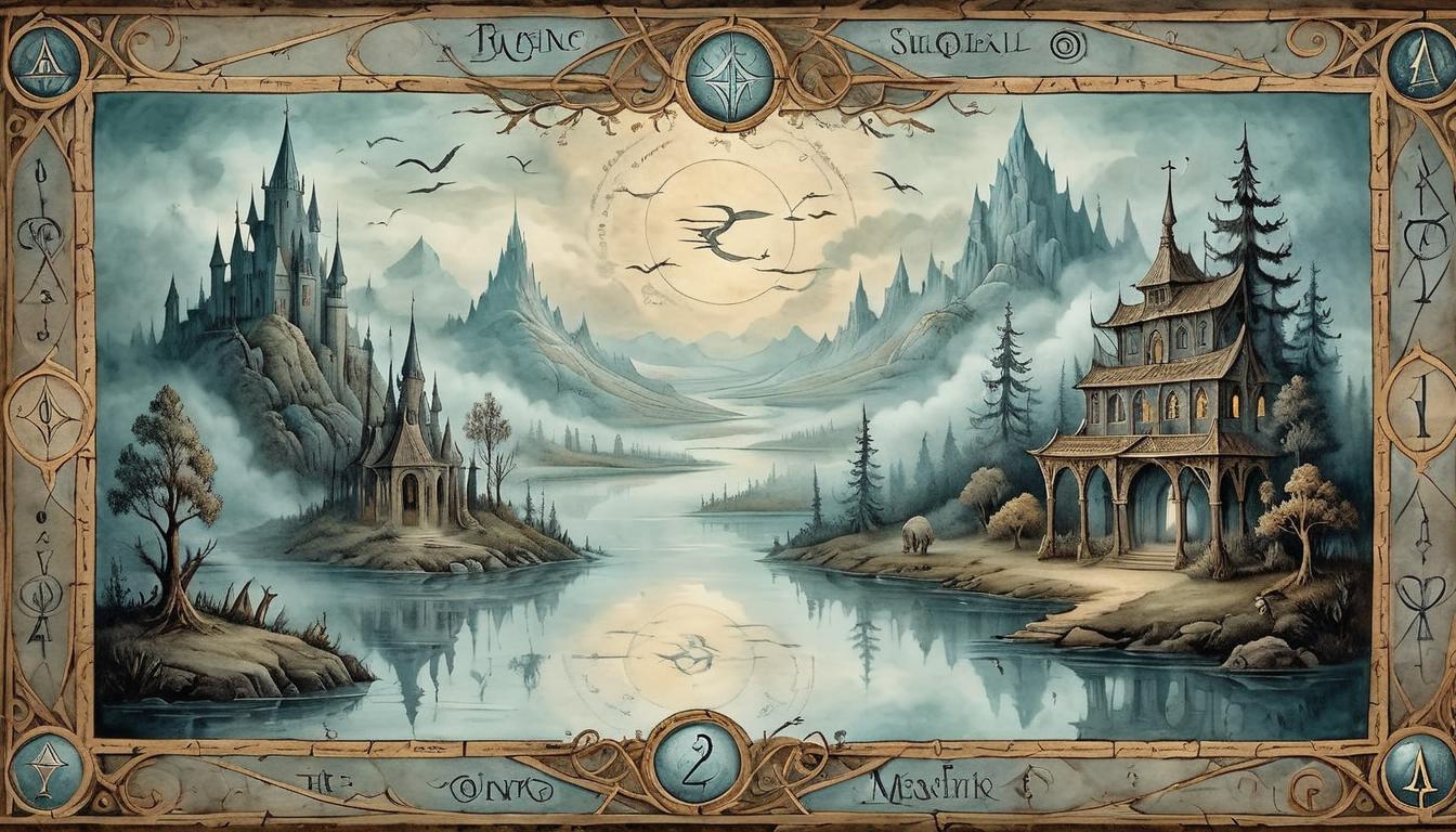  on parchment, surrealism+++, Enchanted mirror, intricate frame adorned with mystical runes, misty reflection showing distant landscapes, mystical, reflective(mysterious, provocative, symbolic,muted color)+++