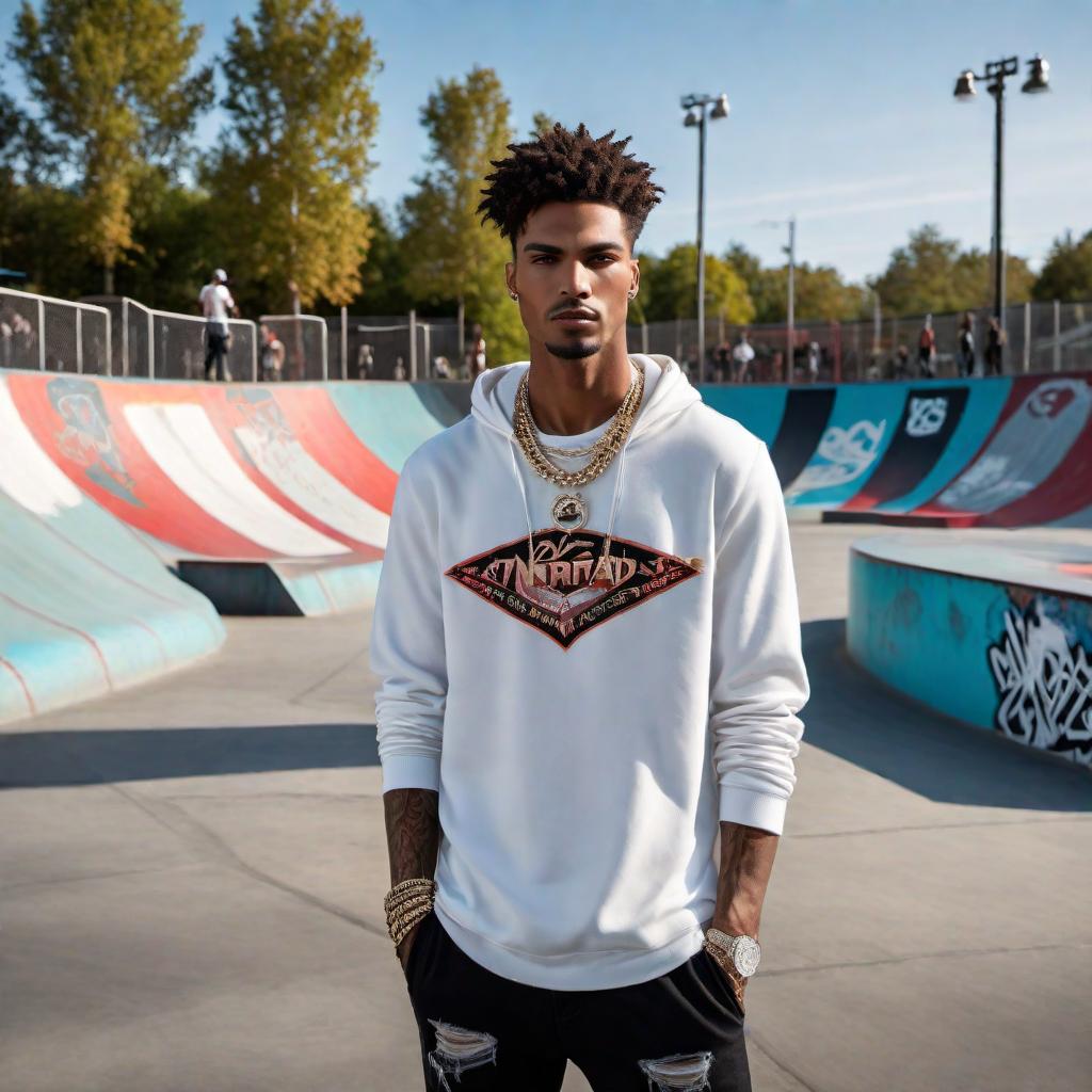  A male model at a skatepark wearing high-end diamond jewelry. The model is stylishly dressed in trendy streetwear fashion, with chains, rings, and a diamond-encrusted watch clearly visible. The skatepark has ramps, graffiti, and a chill urban vibe. hyperrealistic, full body, detailed clothing, highly detailed, cinematic lighting, stunningly beautiful, intricate, sharp focus, f/1. 8, 85mm, (centered image composition), (professionally color graded), ((bright soft diffused light)), volumetric fog, trending on instagram, trending on tumblr, HDR 4K, 8K