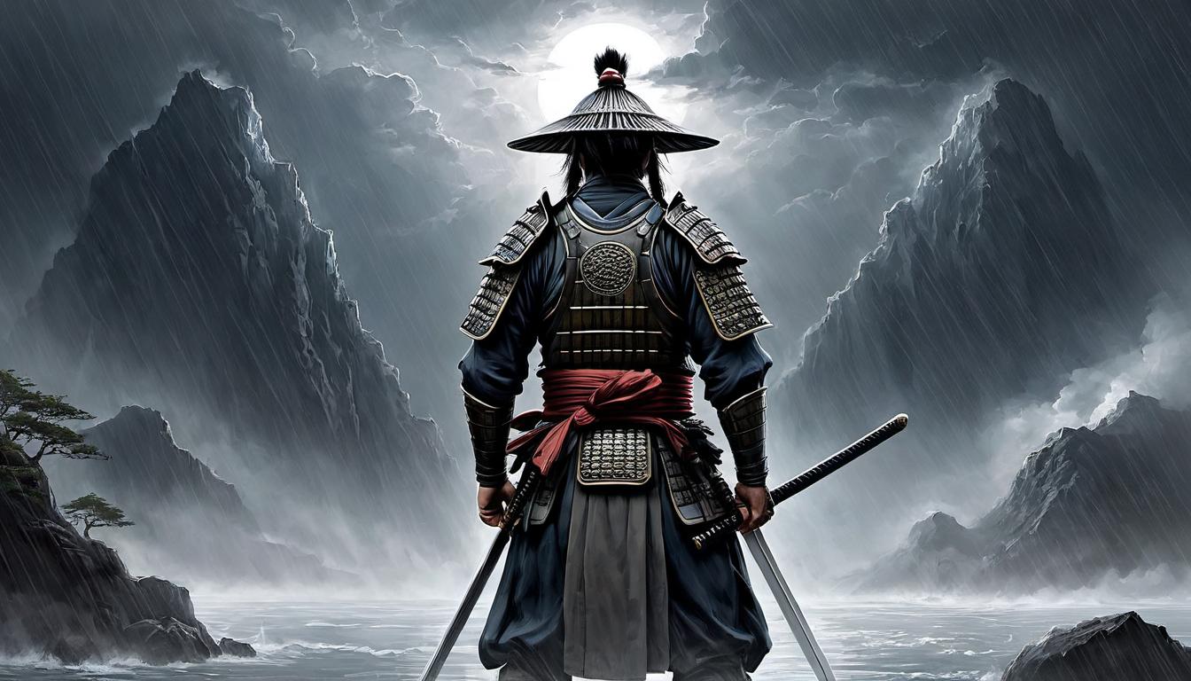  （surrealism)A samurai, standing in meditation, ritualistic armor, eyes closed, calm amidst the storm, inner peace, disciplined, unwavering mystic, intricate details, best quality)