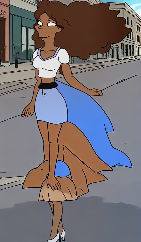  African American walking down the street looking at the camera from the front with long brown hair wearing a blue miniskirt with black heels