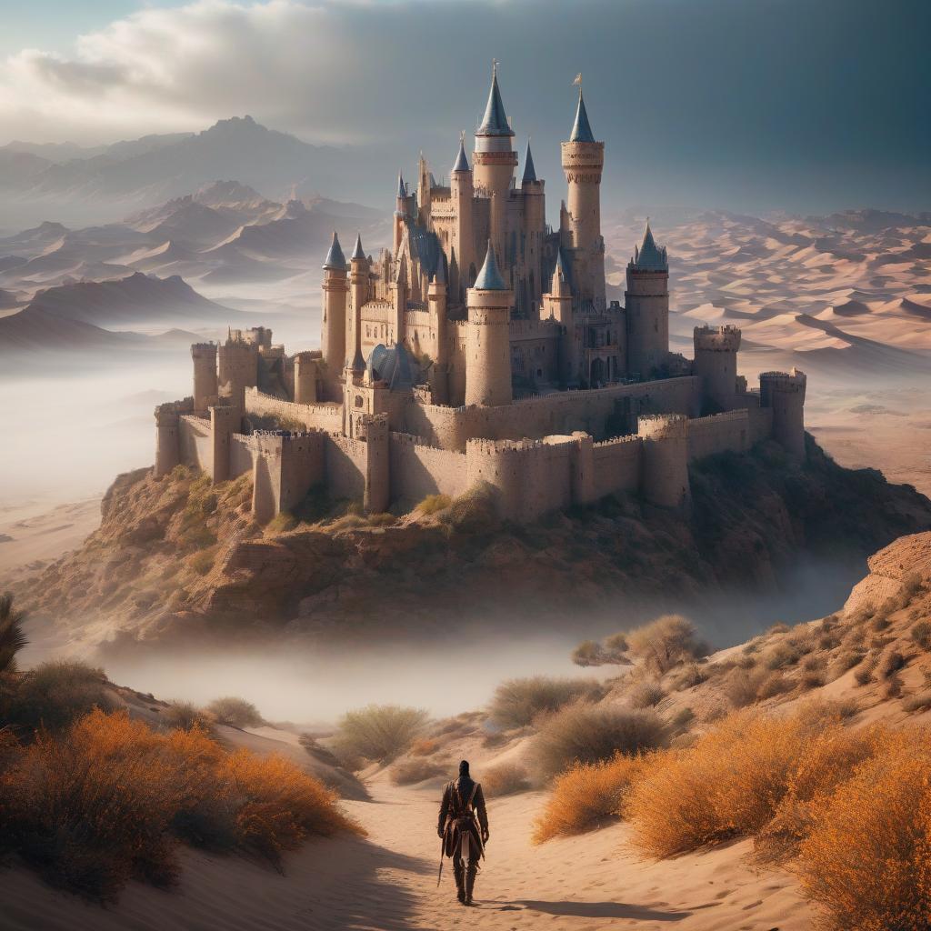  A fantastic fairy tale castle. New technology. Desert. Oasis. There's a sea around. hyperrealistic, full body, detailed clothing, highly detailed, cinematic lighting, stunningly beautiful, intricate, sharp focus, f/1. 8, 85mm, (centered image composition), (professionally color graded), ((bright soft diffused light)), volumetric fog, trending on instagram, trending on tumblr, HDR 4K, 8K