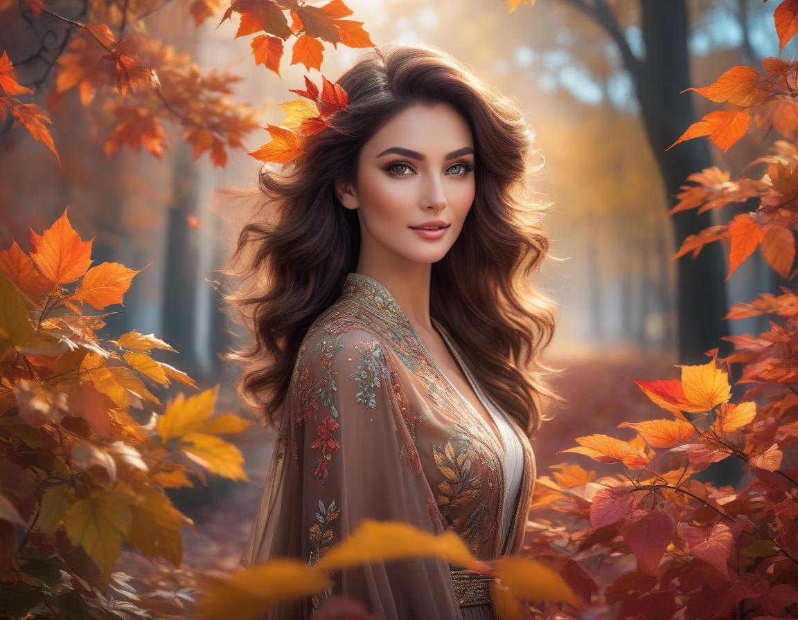  A stunning woman with mesmerizing brown eyes and a shy, yet lovely smile stands amidst a whirlwind of colorful leaves, her beauty rivaling that of nature itself., face by Bagshaw, Atroshenko, hyperrealistic, full body, detailed clothing, highly detailed, cinematic lighting, stunningly beautiful, intricate, sharp focus, f/1. 8, 85mm, (centered image composition), (professionally color graded), ((bright soft diffused light)), volumetric fog, trending on instagram, trending on tumblr, HDR 4K, 8K