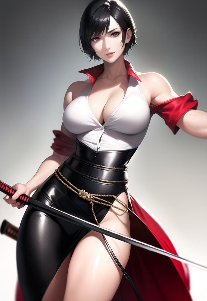  black hair, very short hair, older sister, mature, white dress shirt, red corset, black leather pants, long katana, from head to thigh, muscular, precise eyes, precise hands, Japanese armor on shoulders and arms, smiling, (Masterpiece, BestQuality:1.3), (ultra detailed:1.2), (hyperrealistic:1.3), (RAW photo:1.2),High detail RAW color photo, professional photograph, (Photorealistic:1.4), (realistic:1.4), ,professional lighting, (japanese), beautiful face, (realistic face)