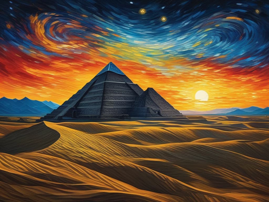  Keywords: Majestic Pyramid with bright light pillars Colorful Van Gogh swirls in the night sky Hyper realistic and mesmerizing scenery Flamboyant golden sunrise with dramatic lighting Epic and wide angle composition High resolution and sharp details Influenced by Van Gogh with impressionist style Studio lighting for bold colors Starry sky with medium format lens Van Gogh's brushstrokes, shadows, colors, and textures incorporated Nighttime setting with proper clothing on the person