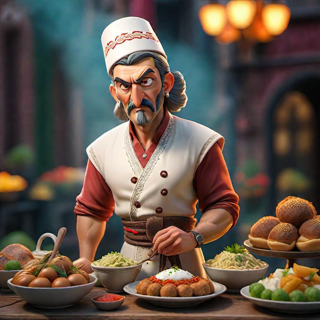  Turkish cuisine hyperrealistic, full body, detailed clothing, highly detailed, cinematic lighting, stunningly beautiful, intricate, sharp focus, f/1. 8, 85mm, (centered image composition), (professionally color graded), ((bright soft diffused light)), volumetric fog, trending on instagram, trending on tumblr, HDR 4K, 8K