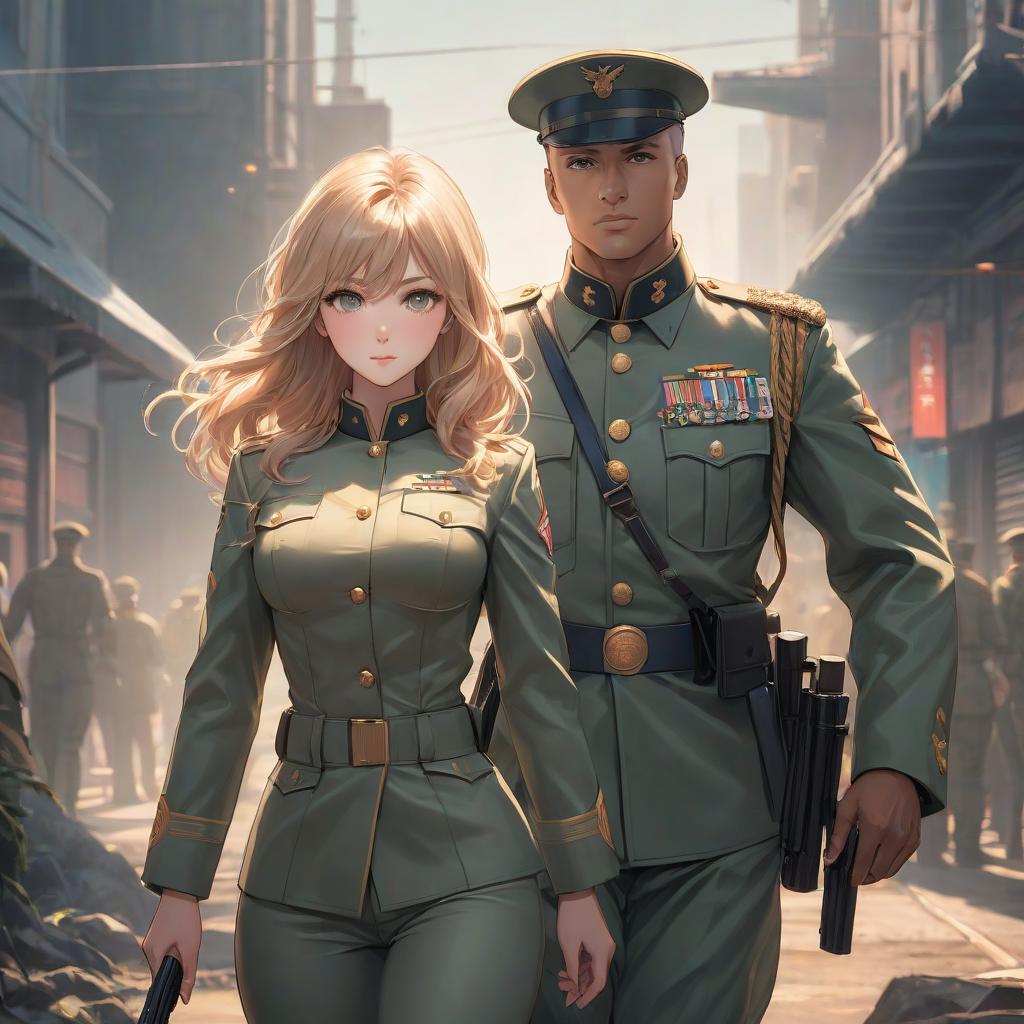  manga style A girl with a fair complexion and light hair is standing next to a man in military uniform. . vibrant, high energy, detailed, iconic, Japanese comic style hyperrealistic, full body, detailed clothing, highly detailed, cinematic lighting, stunningly beautiful, intricate, sharp focus, f/1. 8, 85mm, (centered image composition), (professionally color graded), ((bright soft diffused light)), volumetric fog, trending on instagram, trending on tumblr, HDR 4K, 8K