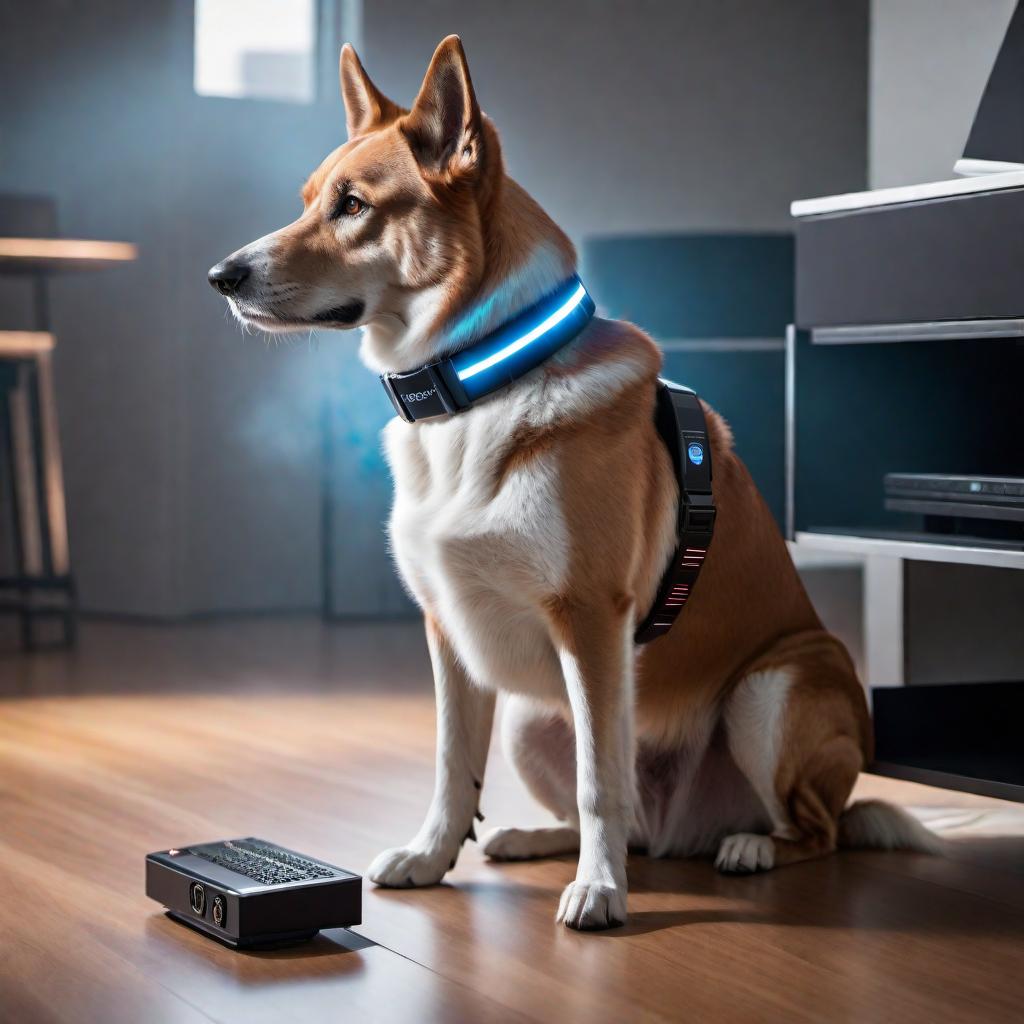  A high-tech dog collar with a laser keyboard shining from the collar onto the floor right in front of the dog. The collar should also have a small speaker or voice box visible. The dog is depicted interacting with the laser keyboard, pressing one of the laser-projected buttons with its paw. The setting is inside a modern, well-lit room. hyperrealistic, full body, detailed clothing, highly detailed, cinematic lighting, stunningly beautiful, intricate, sharp focus, f/1. 8, 85mm, (centered image composition), (professionally color graded), ((bright soft diffused light)), volumetric fog, trending on instagram, trending on tumblr, HDR 4K, 8K