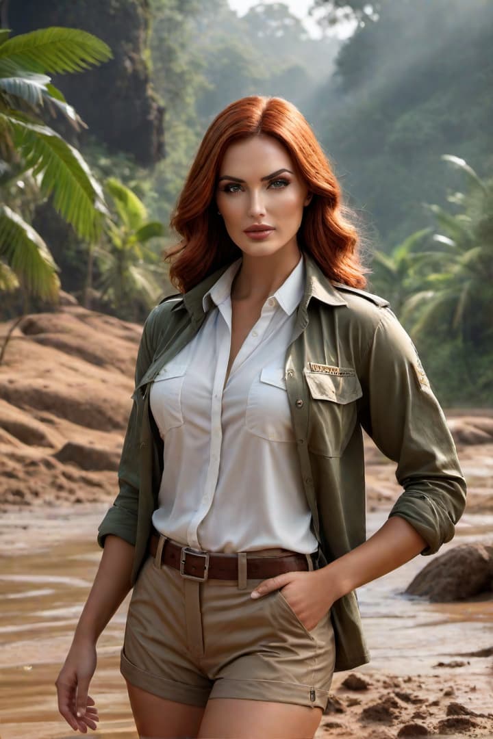  1930’s era young female,auburn haired,jungle explorer ,,wearing her khaki shorts and shirt with khaki knee socks ,standing waist high in mud hyperrealistic, full body, detailed clothing, highly detailed, cinematic lighting, stunningly beautiful, intricate, sharp focus, f/1. 8, 85mm, (centered image composition), (professionally color graded), ((bright soft diffused light)), volumetric fog, trending on instagram, trending on tumblr, HDR 4K, 8K