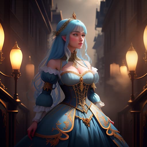  Fantasy painting. A girl leaning and looking out onto the street from the balcony, a baroque style dress of blue gold, Renaissance, the street in beautiful lighting, focus on the girl, plenty of details, fairytale illumination. hyperrealistic, full body, detailed clothing, highly detailed, cinematic lighting, stunningly beautiful, intricate, sharp focus, f/1. 8, 85mm, (centered image composition), (professionally color graded), ((bright soft diffused light)), volumetric fog, trending on instagram, trending on tumblr, HDR 4K, 8K